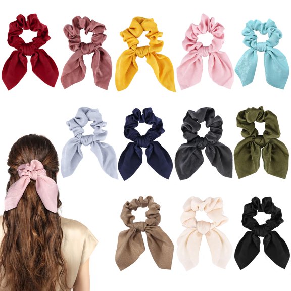 12PCS Hair Scrunchies Satin Silk Rabbit Bunny Ear Bow Bowknot Scrunchie Bobbles Elastic Hair Ties Bands Ponytail Holder for Women Accessories