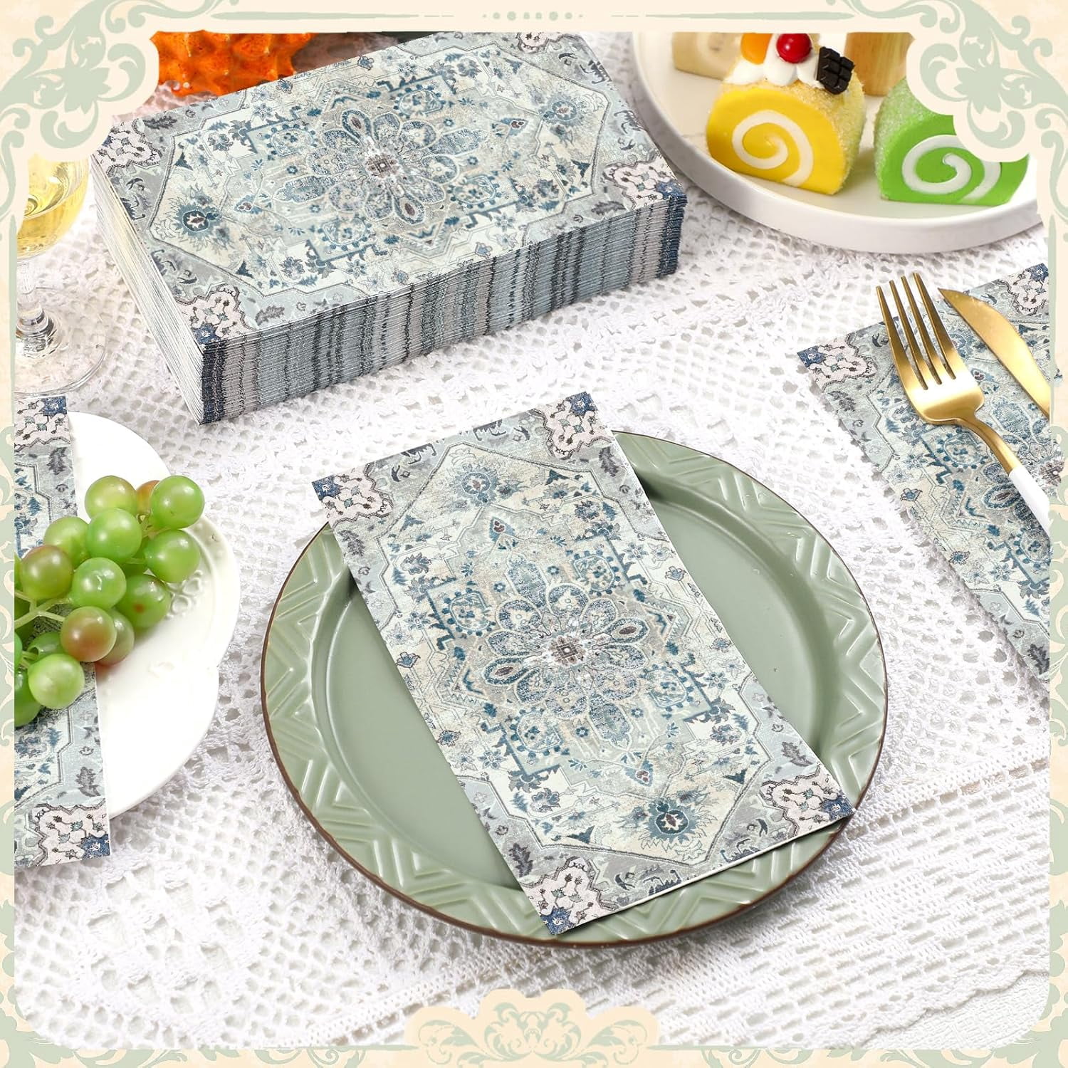 100 Pcs Vintage Boho Napkins Paper Guest Towels 2 Ply Decoupage Napkins Disposable Decorative Hand Towel for Bathroom Kitchen Wedding Party Dinner(Blue and Grey)