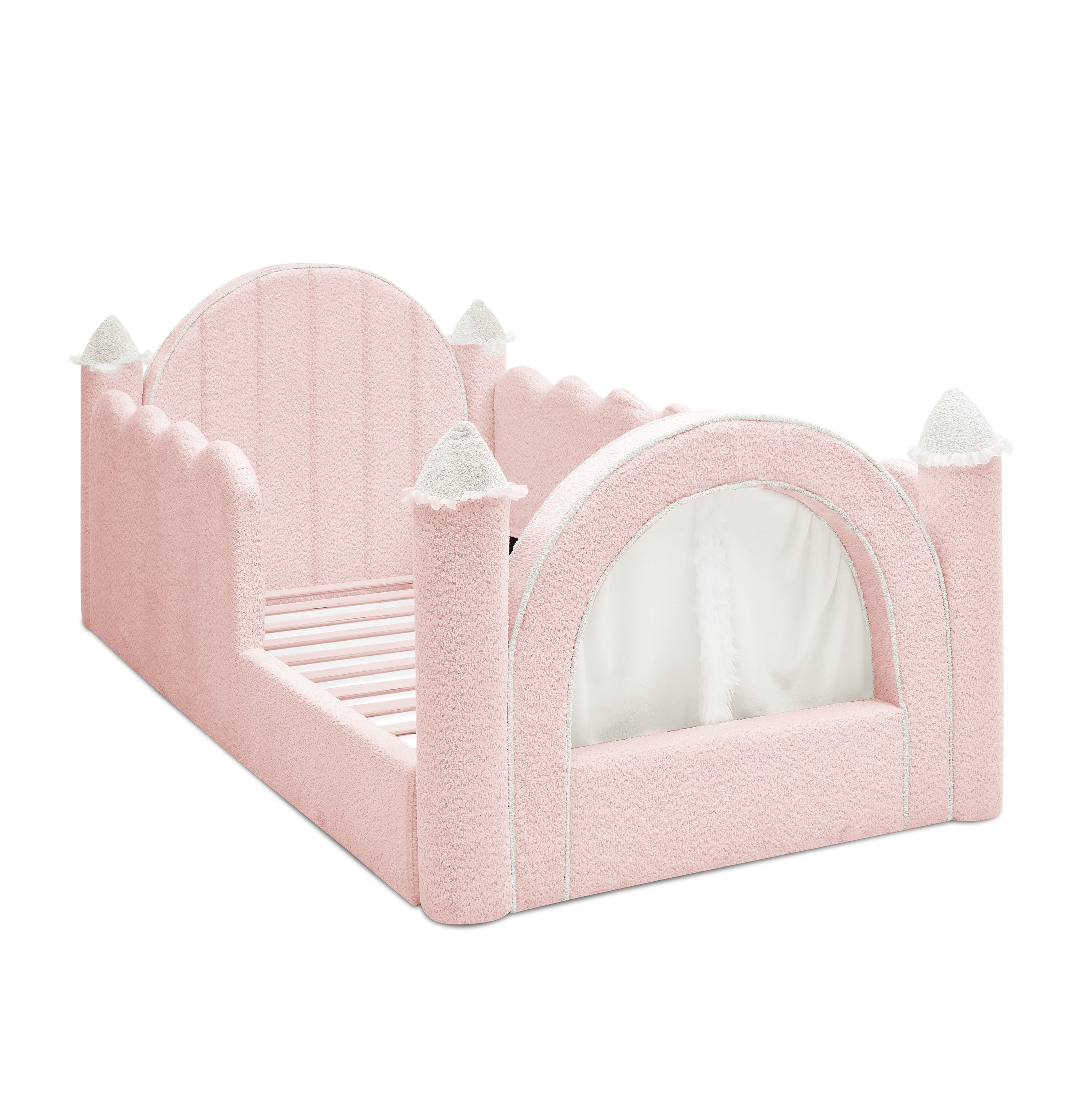 Twin Size Castle-Shaped Kids Floor Bed with Safety Guardrail, Low Profile Upholstered Platform Bed Frame with Small Curtain