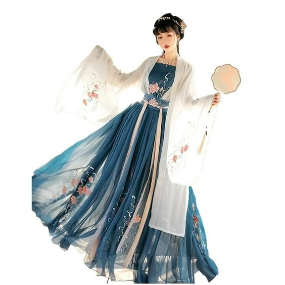 Women's Chinese Traditional Costume Embroidered Wei Jin Dynasty Style Princess Dress for Folk Dance Performance