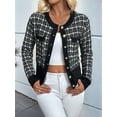 thumbnail image 5 of Womens - Plaid Blazer Dressy Casual Button Front Cardigan Crew Neck Long Sleeve Texture Knit Jackets Black S, 5 of 9