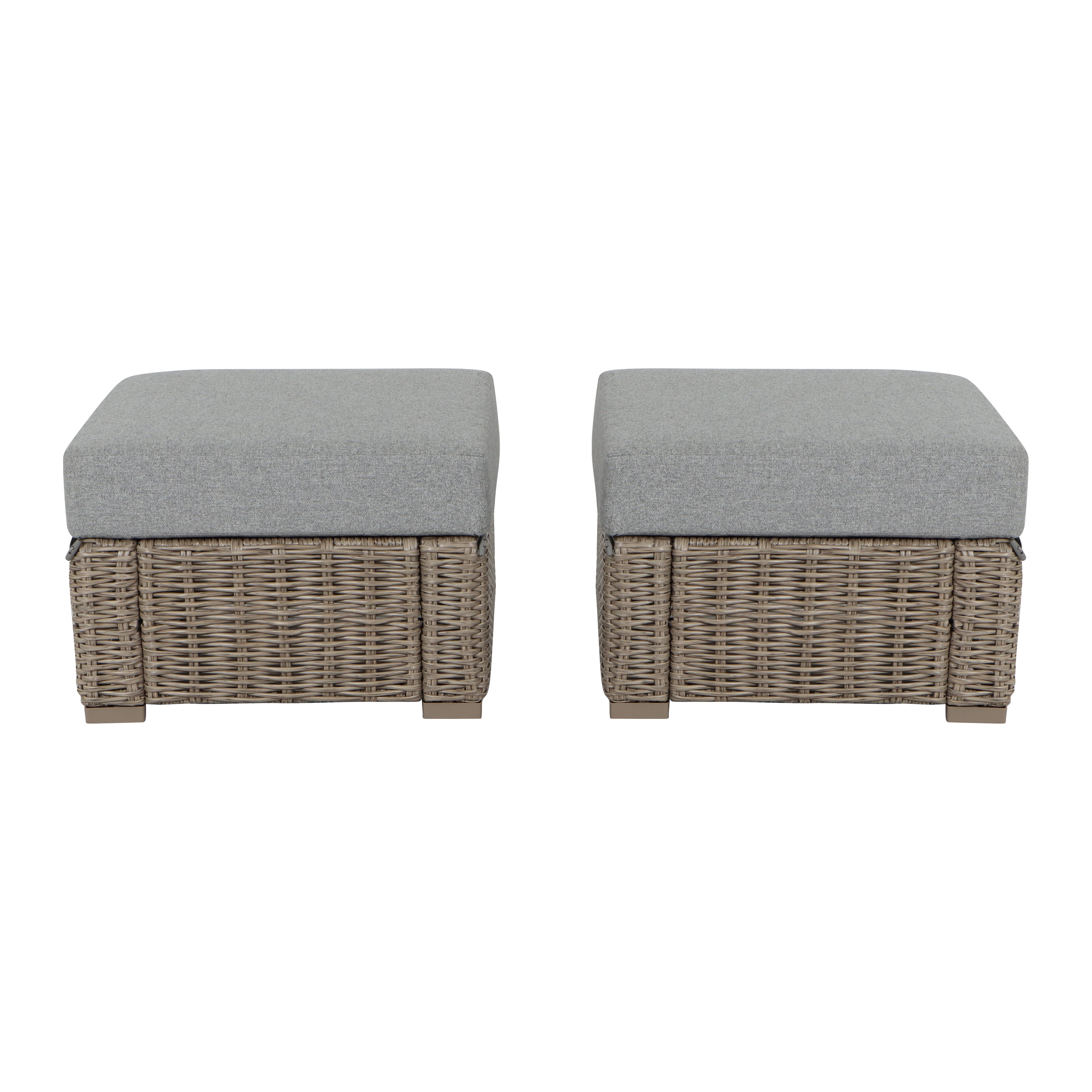 Better Homes & Gardens Bellamy Outdoor 2pk Ottomans, Gray Wicker/Gray Cushion
