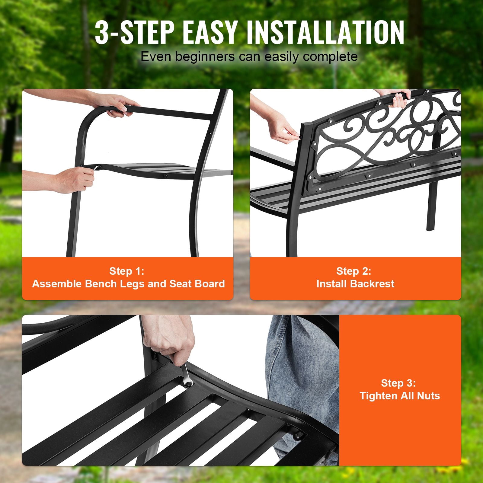 Outdoor Bench, 50 inches Metal Garden Bench for Outdoors, 550 lbs Load Capacity Bench, Outdoor Garden Park Bench with Backrest and Armrests, Patio Bench for Garden, Park, Yard, Front Porch
