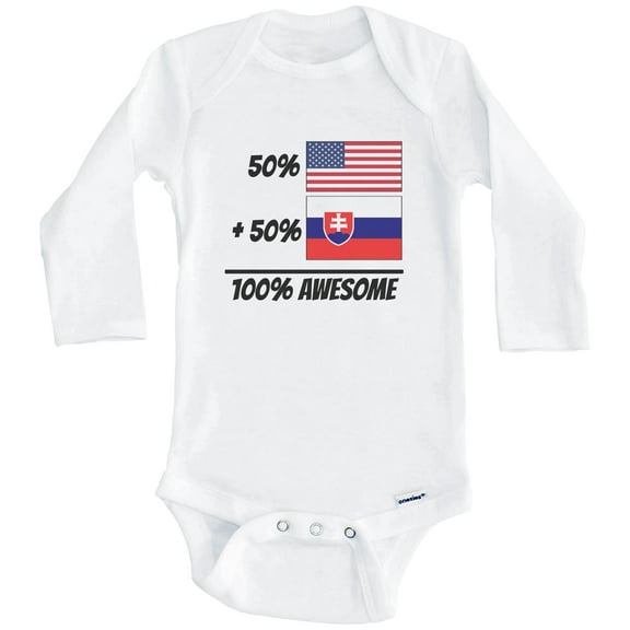 50% American Plus 50% Slovakian Equals 100% Awesome Cute Slovakia Flag One Piece Baby Bodysuit (Long Sleeve), 0-3 Months White