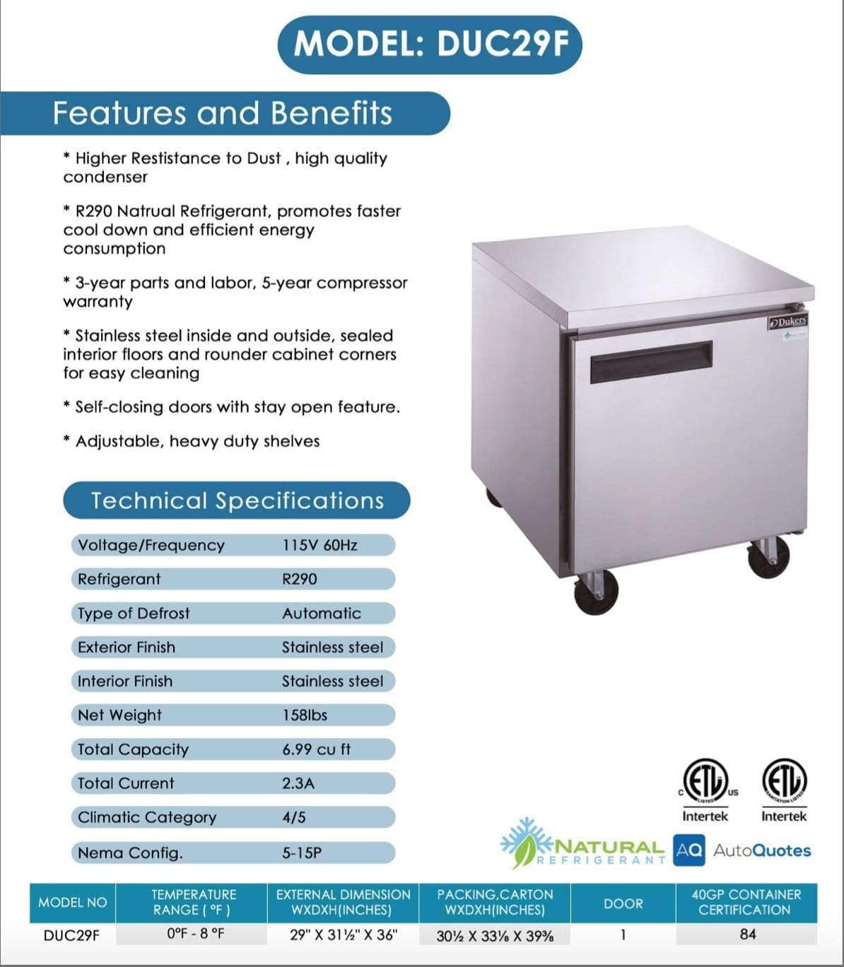 DUC29F Single Door Undercounter Freezer in Stainless Steel