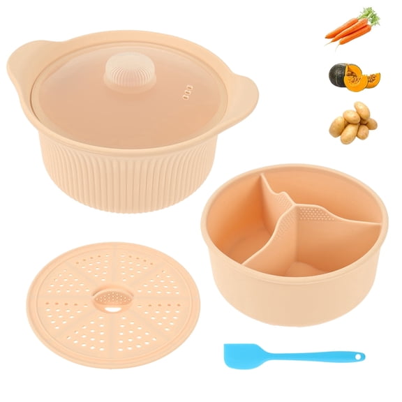42oz Microwave Steamer with Handle and Lid Microwave Silicone Steamer 3 Compartment Oven Dishwasher Safe for Vegetable Fish Baby Food Microwave Pot,Beige