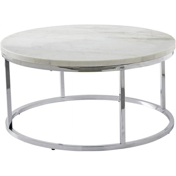 Furniture Echo White Marble Top ffee Table, ntemporary Feel, Living Room, 36-Inch Round Table, Chrome Metal Base, 36" D x 36" W x 18.25" H, White