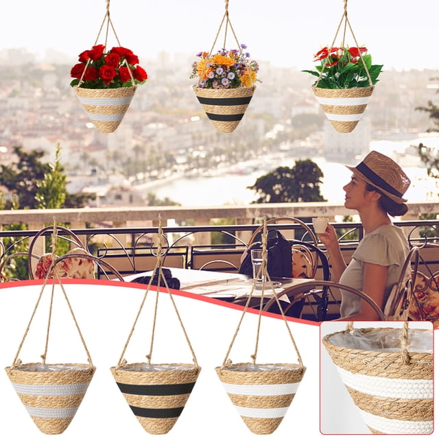 Hanging Rattan Basket Wall Planter with Rope - Space-Saving Foldable Storage for Indoor/Outdoor Plants, Home Office Decor