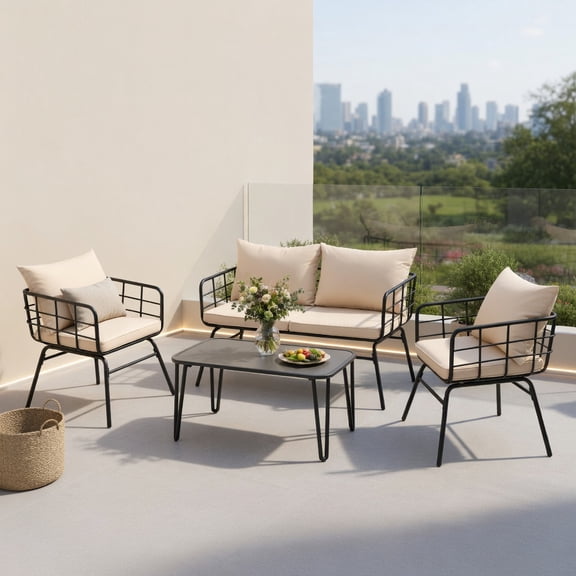 Kadyn 4-Piece Outdoor Patio Furniture Set – Black Steel Loveseat & 2 Single Sofas with Beige Cushions Coffee Table for Backyard, Poolside & Balcony