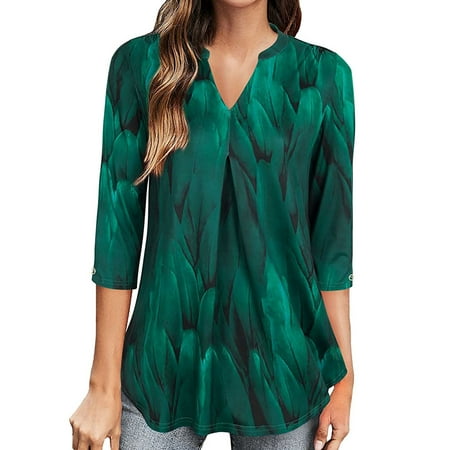 

Kakina CMSX Womens Tops Plus Size Clearance Fashion Woman V-Neck 3/4Sleeve Printing Blouse Autumn Causal Pullover Tops