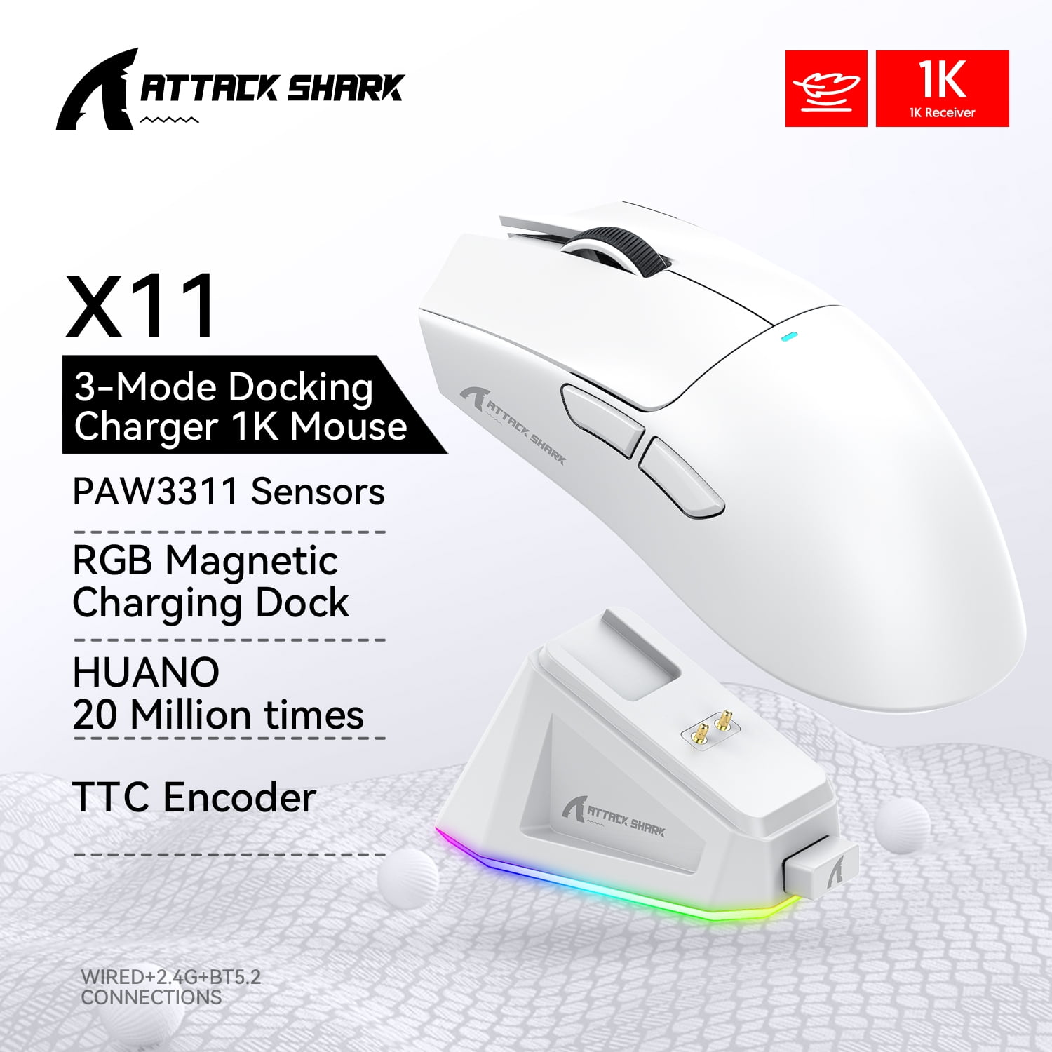 X11 Wireless Mouse,Tri-Mode Connection 2.4GHz/Wired/Bluetooth PAW3311 22000DPI 400IPS RGB  PC Gaming Mouse