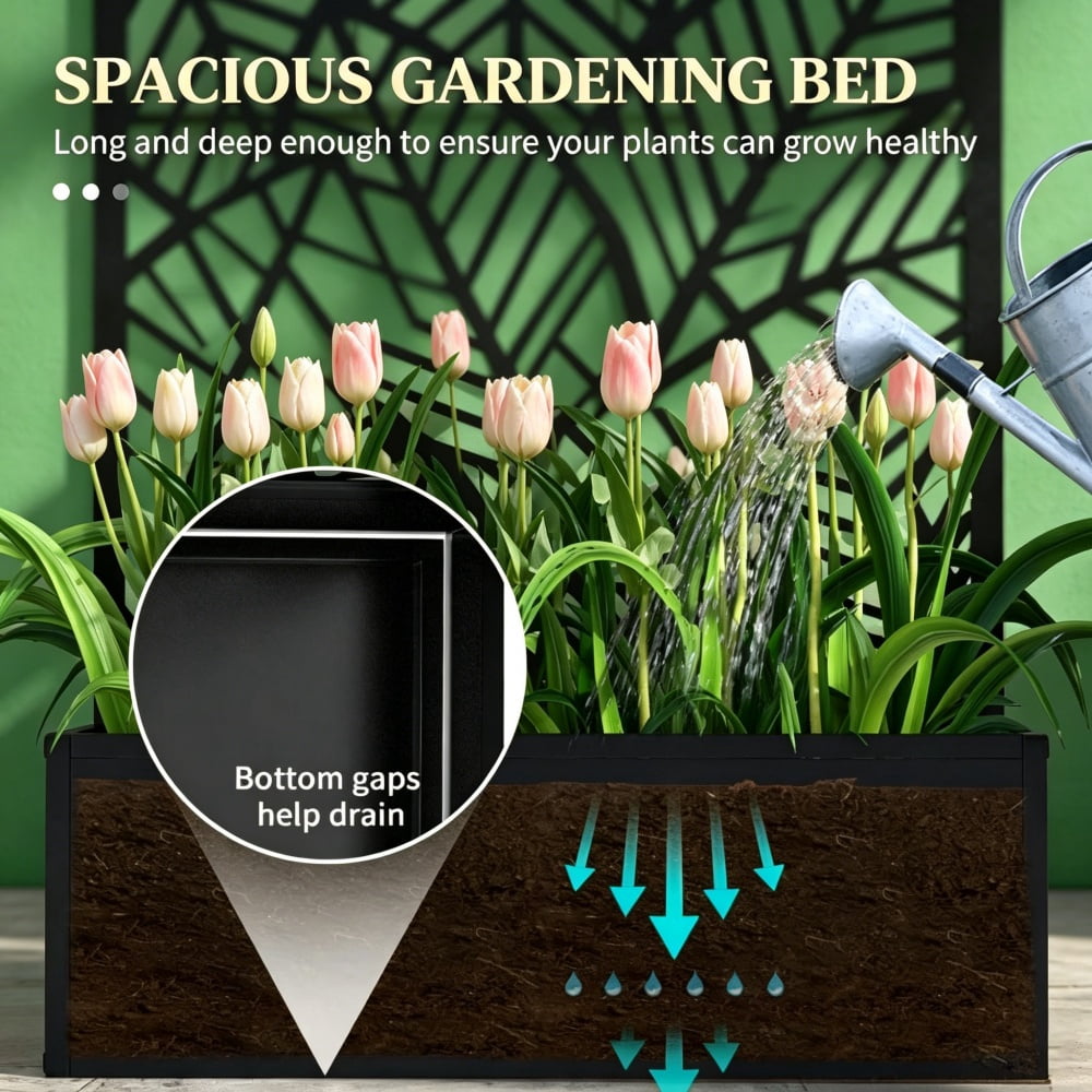 Black Metal Privacy Screen with Raised Garden Bed, 24”L×9”W×44.5”H Freestanding Outdoor Planter, Self-Draining & Wall Mountable for Entryway Patio Yard Decor