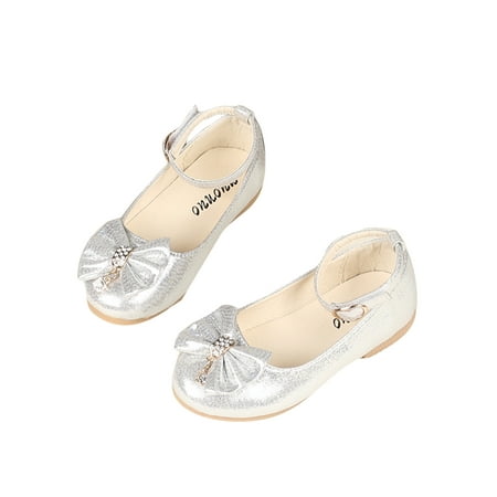 

Eloshman Children Dress Shoes Bowknot Mary Jane Ankle Strap Flats Wedding Lightweight Comfort Princess Shoe Casual Silver 7C