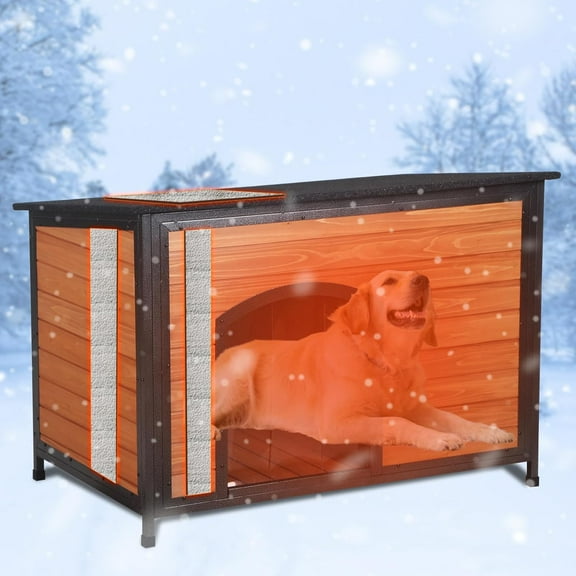 Insulated Large Wooden Dog House Outdoor Iron Frame 43.3" L Winter Pet Kennel Weatherproof