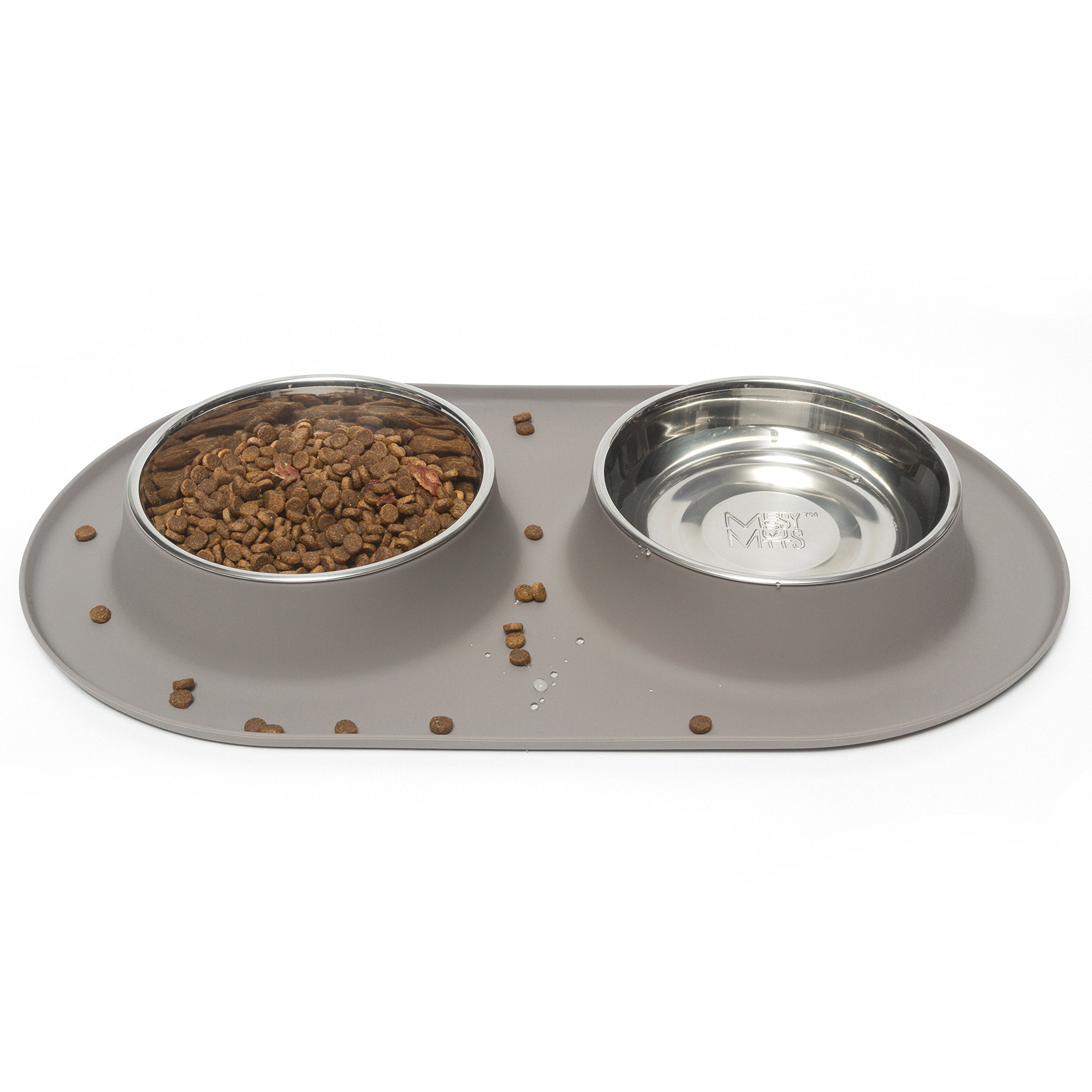 Messy Mutts Double Silicone Feeder with Stainless Bowls | Non-Skid Food Dishes for Dogs | Sizes Available for All Pets | Dog Food Bowls | Large, 3 Cups Per Bowl | Grey