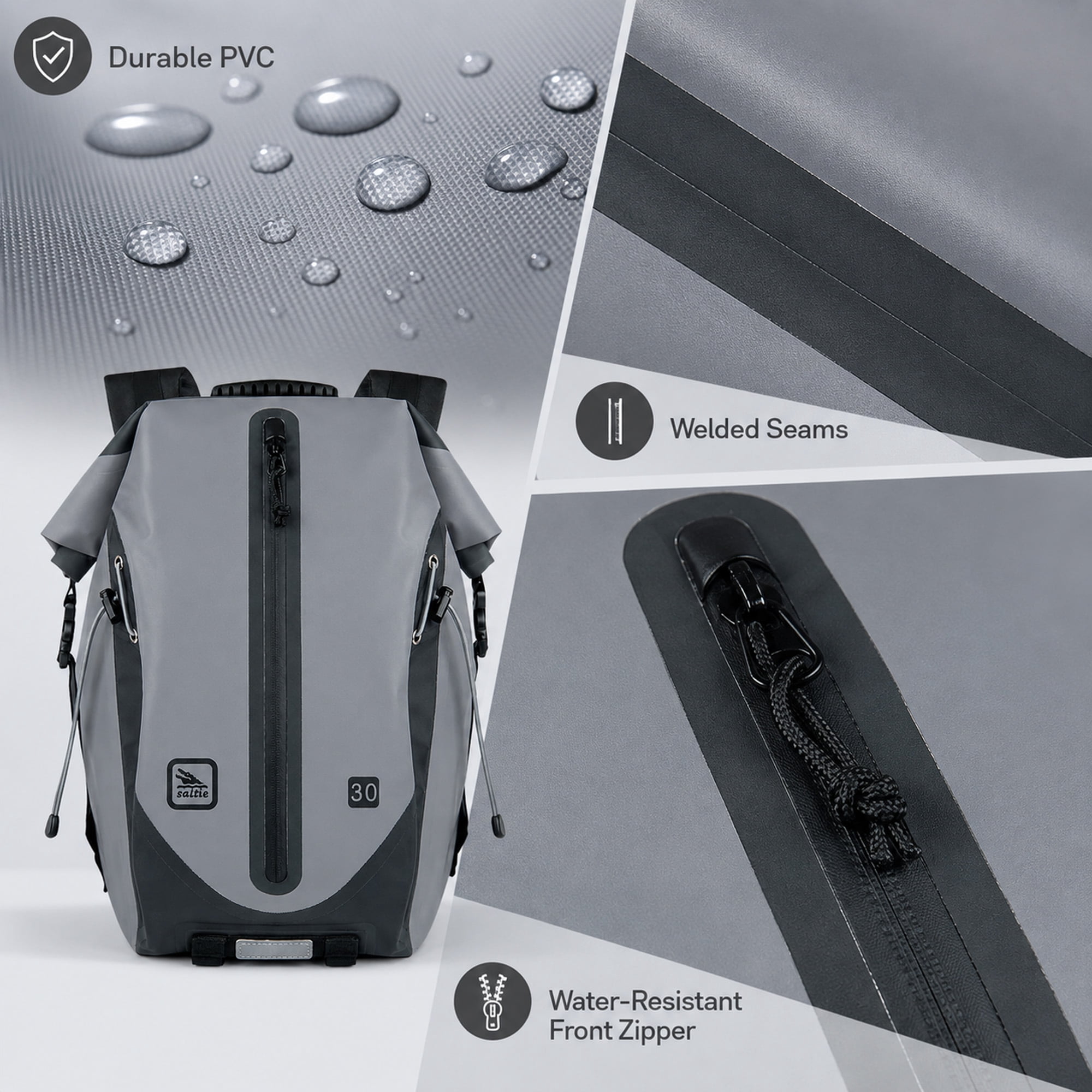 30L Waterproof Dry Bag Backpack with Roll-Top Closure, Front Mesh Pocket and Padded Straps, Gray