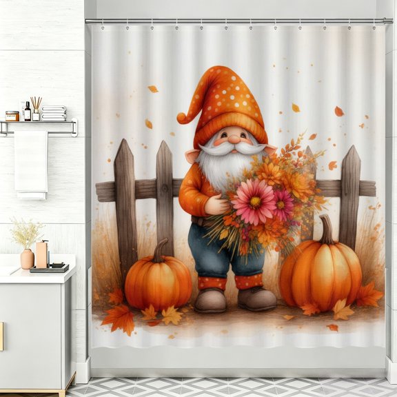 Autumn Shower Curtains for Bathroom A gnome holding a bouquet of flowers next to a fence 72x72 Shower Curtain Cool Shower Curtain