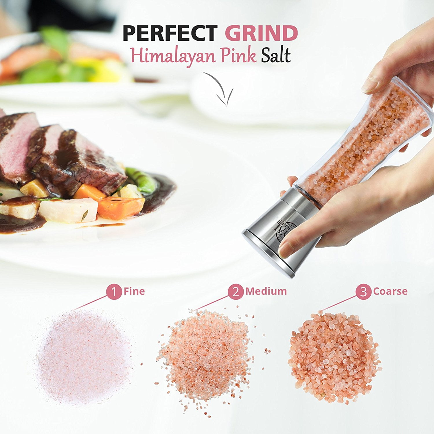 Himalayan Pink Salt & Black Pepper Grinders by Royal Chef House - Pre-filled with Himalayan Rock Salt and Pepper - Premium Glass and Stainless Steel Salt Mill and Pepper Mill
