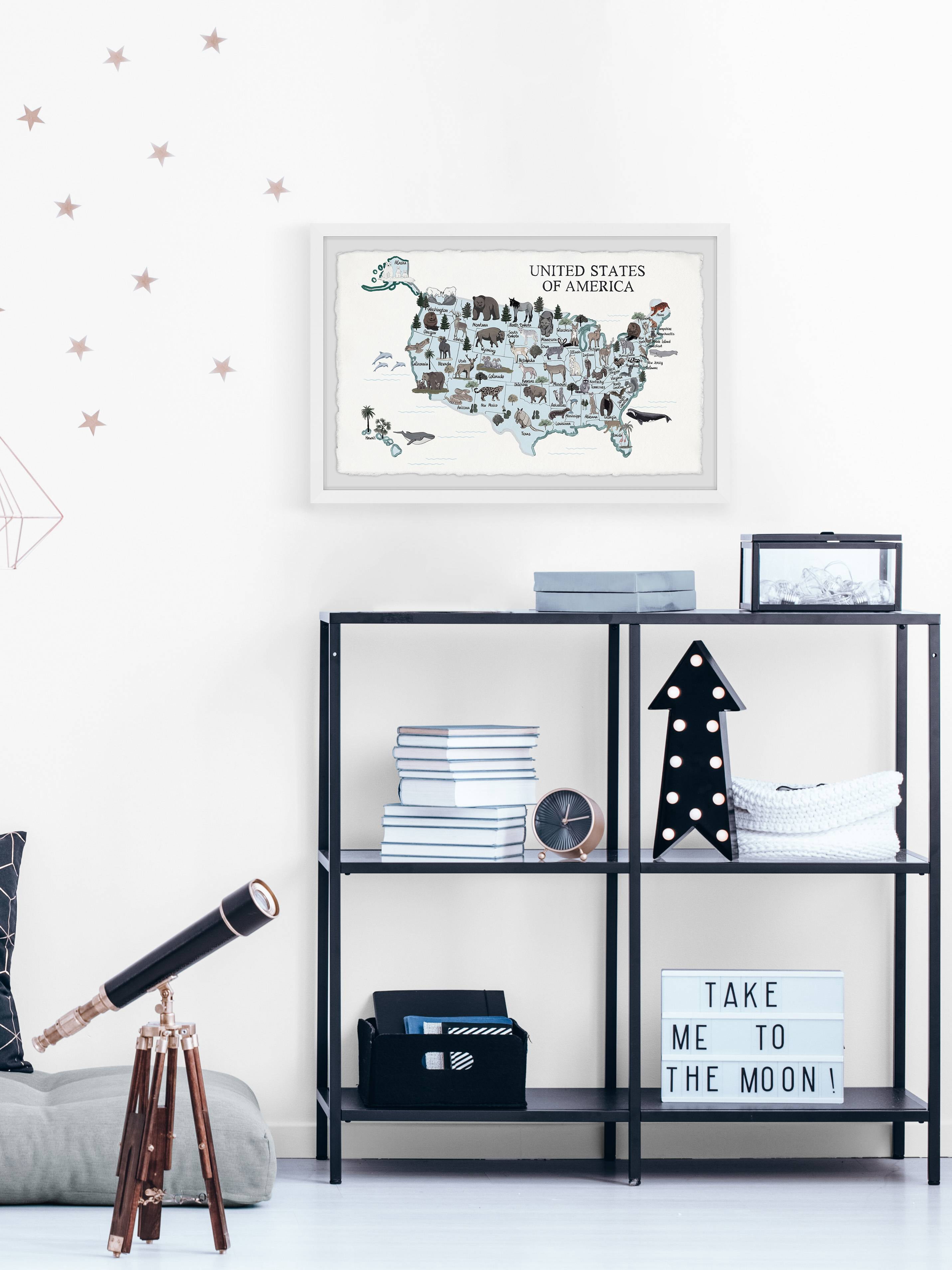 Marmont Hill Blue Animals Map Framed Wall Art