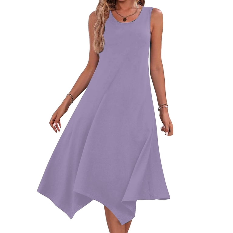 Fheaev Summer Tank Dress for Women Casual Loose Sundress Long Dress Sleeveless Round Neck Below The Knee Dresses A Line Flowy Cover Up Beach Vacation