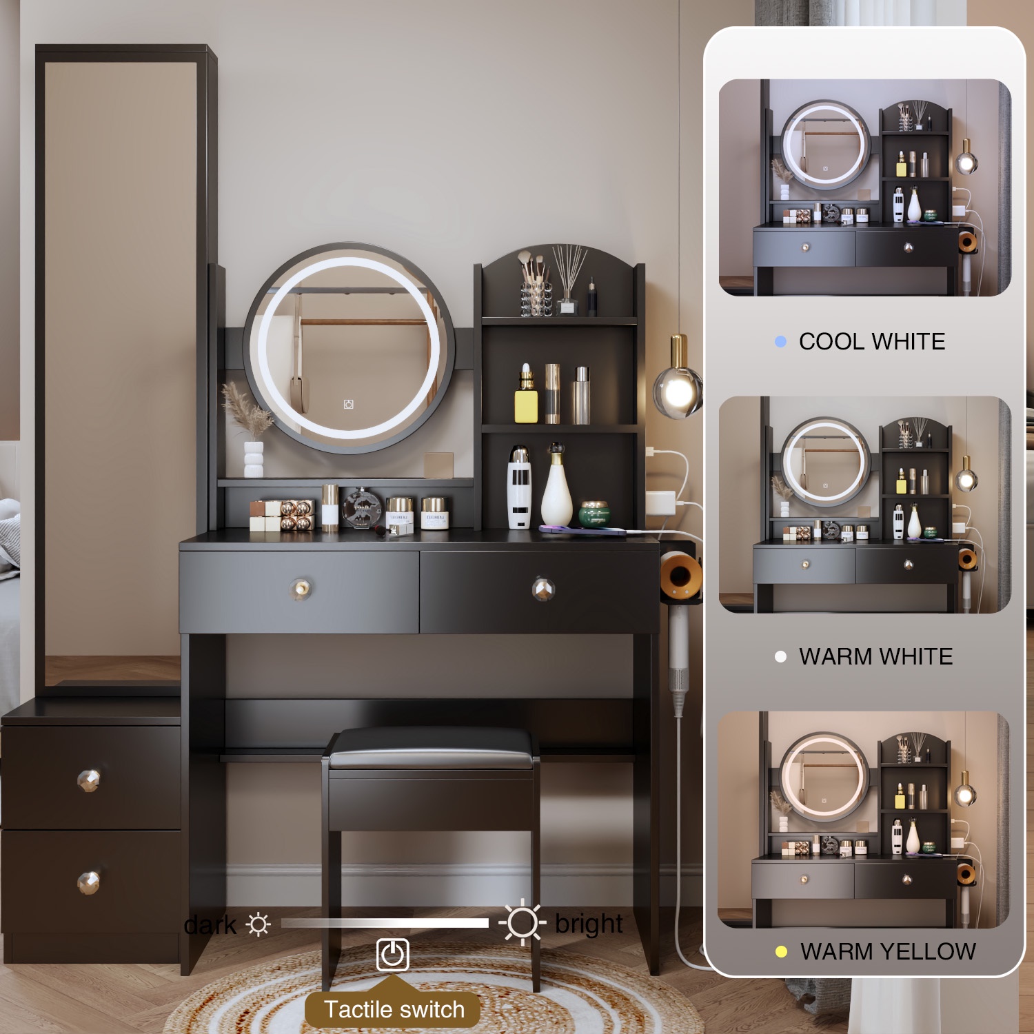 PORKISS Black Makeup Vanity Table Set, Modern Makeup Vanity with Full Body Mirror Cabinet, Power Station and Stool, Wood Vanity LED Mirror with 3-Color Light and Drawers for Bedroom