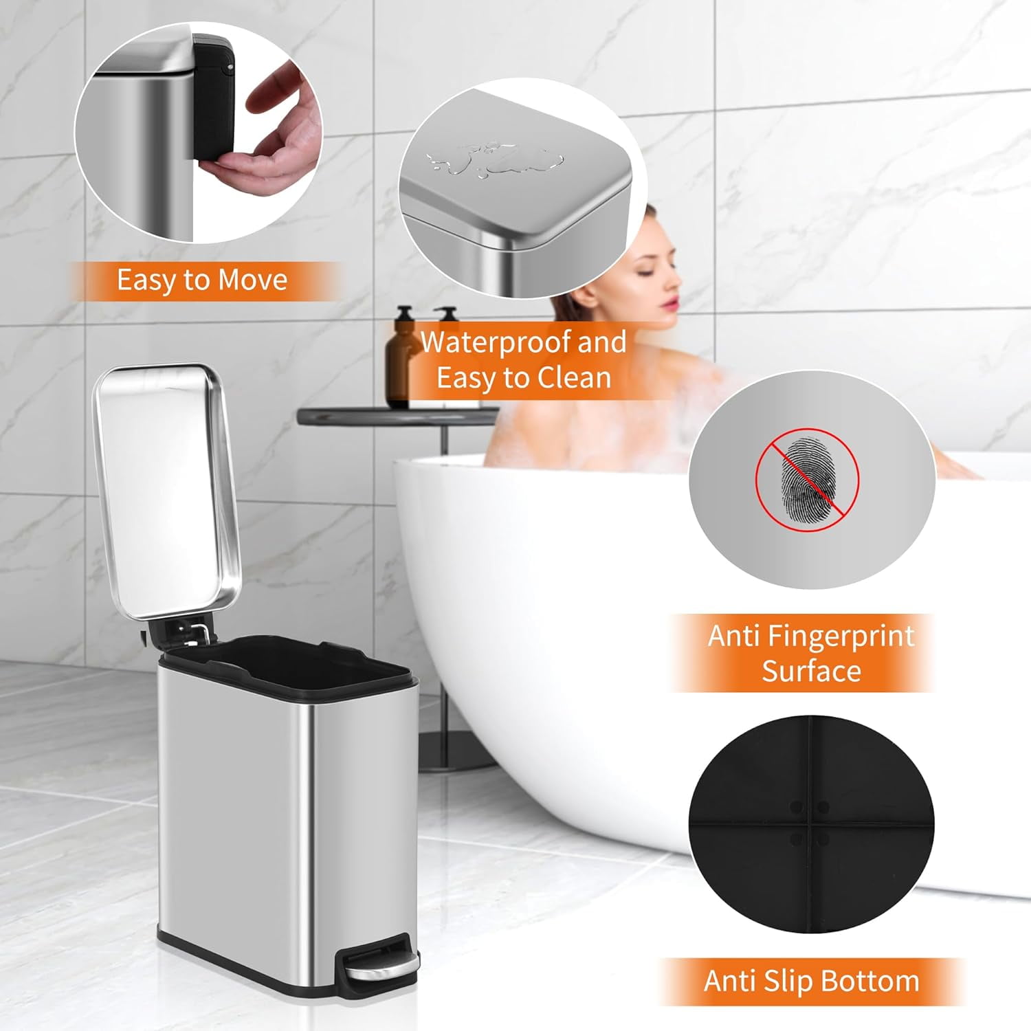 BIQWBIC 5L/1.3 Gallon Stainless Steel Trash Can with Lid – Foot-Operated Portable Garbage Bin with Removable Bucket for Bathroom, Office, Bedroom (1 Pack, Silver)
