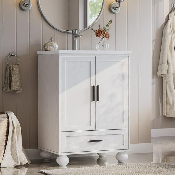 LIKIMIO 24" Bathroom Vanity with Ceramic Sink Combo, White Bathroom Storage Cabinet with Drawer, 4 Solid Legs, Adjustable Shelf, Freestanding Wooden Modern Bathroom Cabinet