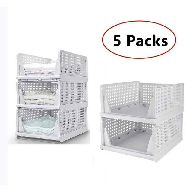 Stackable Wardrobe Storage Box Organizer, Plastic Wardrobe Shelves Closet Organiser Box, Pull Out Like a Drawer, Suitable,Foldable Plastic Baskets Bin for Home, Kitchen,Bedroom (White-3L)