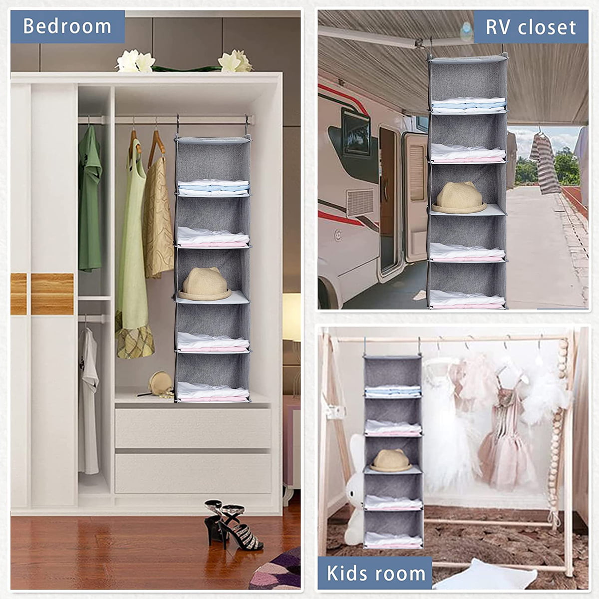  KEETDY 2-Shelf Small Hanging Closet Organizers and Storage with  2 Large Shoe Pockets Hanging Shelves Organizer for Clothes Camper Closet,  RV, Bedroom, Dorm, Grey : Home & Kitchen