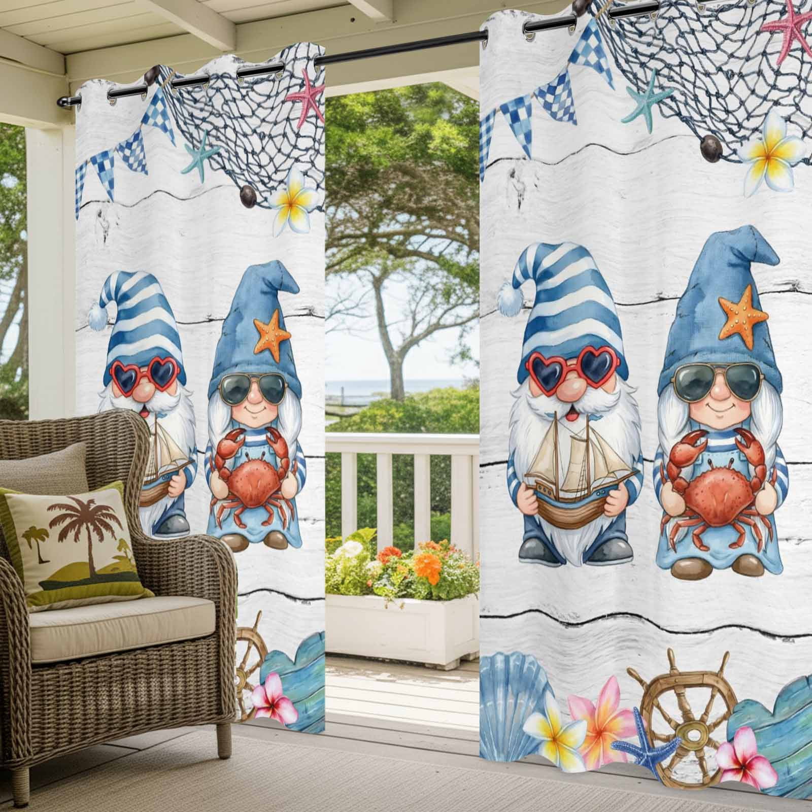 Ocean Gnome Outdoor Curtains for Patio, Nautical Shell Sea Star Flag Flower White Wood Grain Sunshade Privacy Drapes Grommet Waterproof Outside Curtains for Porch/Cabana/Balcony 54"x 108", 1 Panel