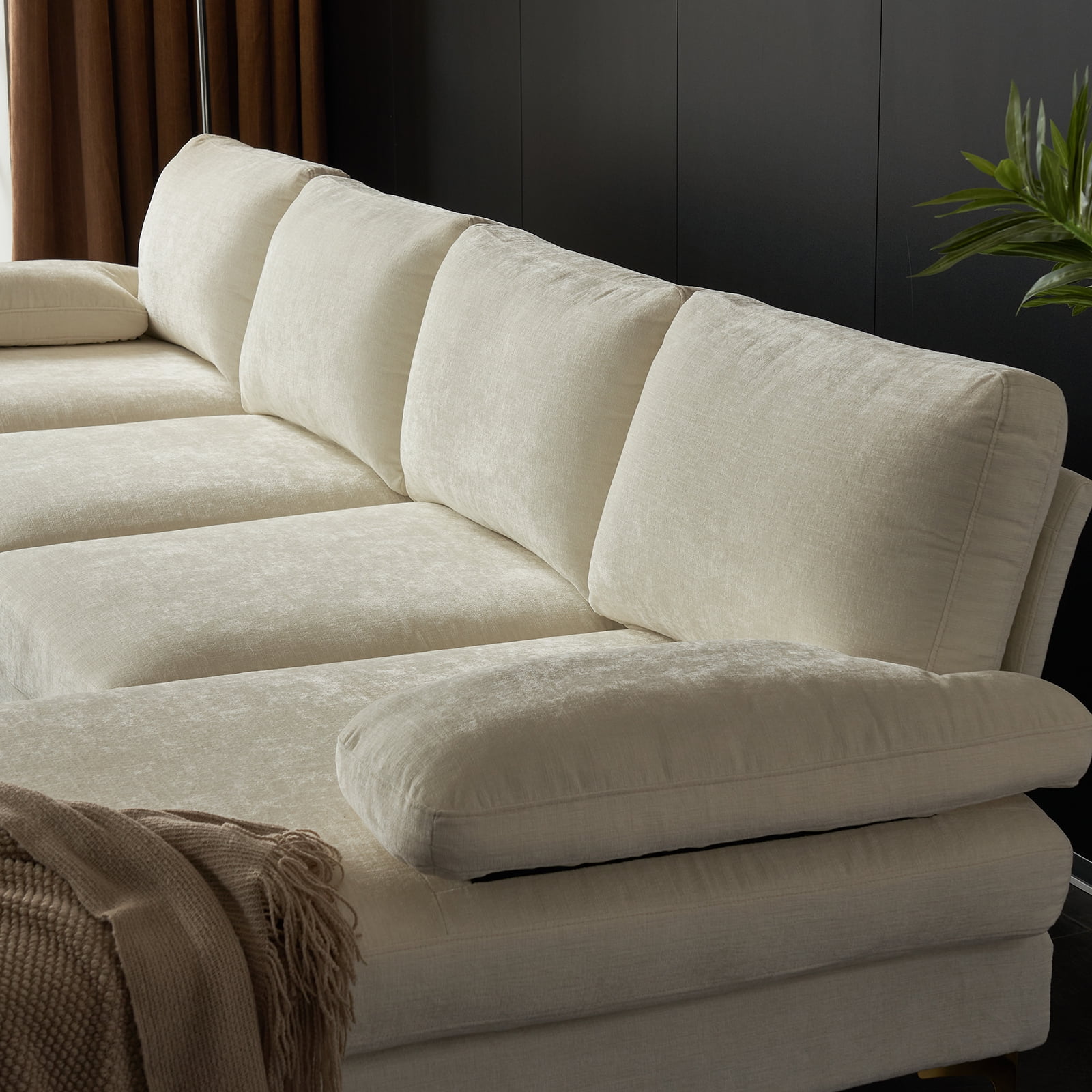 Ktaxon Sectional Sofa Set, 110" U-Shaped Chenille Couch, 4 Seat Lounge Sleeper with Double Chaise for Living Room Beige