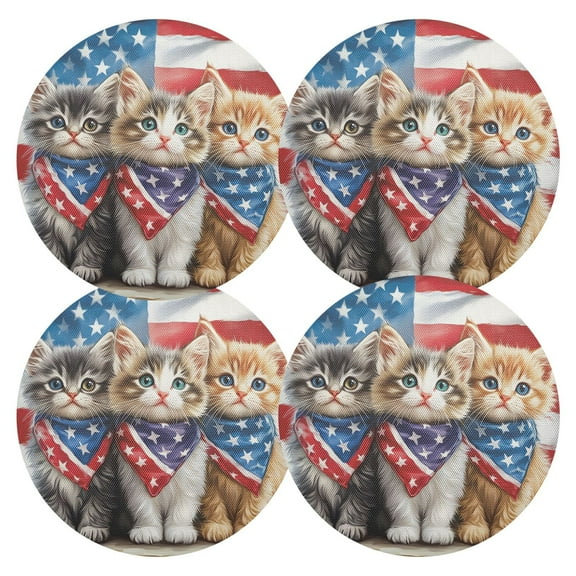 Ryvnso Cat American Flag Round Plate Mats Dining Table Placemat Set of 4 for Holiday Decoration