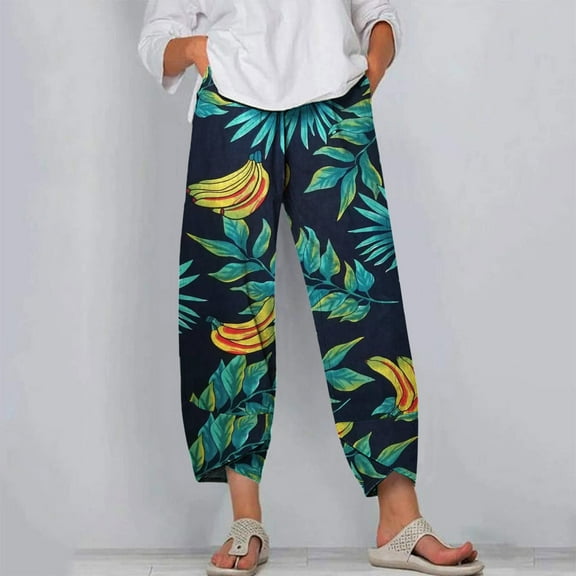 Lilgiuy Women Printing Ankle-Length Pants Pokets Casual Elastic Trousers Pants All Around Tummy Control Pants