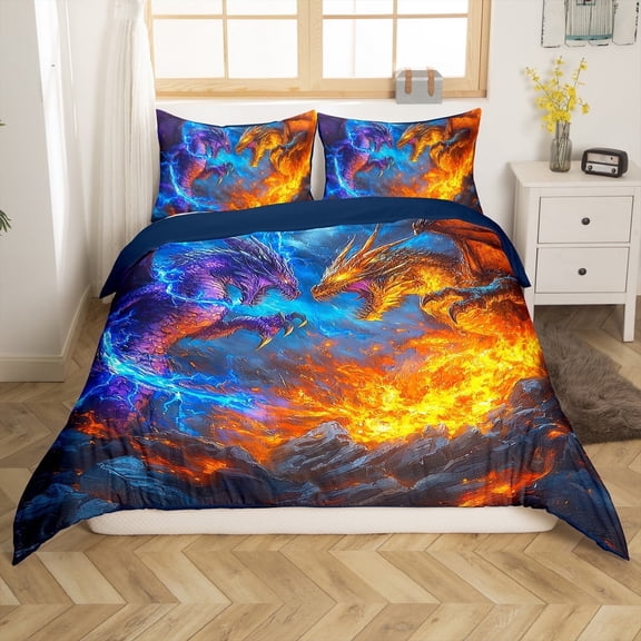 YST Monster Queen Bedding Sets Magic Dragon Duvet Cover for Boys Kids Men, Magical Wildlife Animal Print Comforter Cover Lightning Fire Anime Bed Set, Monster Theme Bed Cover (No Comforter)