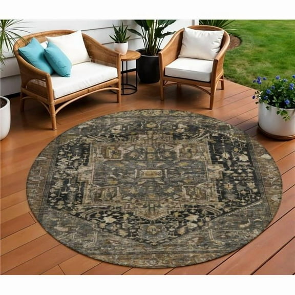 HomeRoots 608030 8 ft. Brown Round Medallion Washable Indoor & Outdoor Area Rug