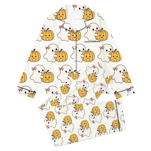 RUTAYY Girls Pajama Set Cute Ghost Pumpkin Halloween Graphic 2 Piece Sleep Set Long Sleeve Notch Neck Kids Cozy Indoor Outfit White