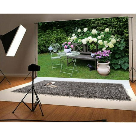 Portrait Studio 2 Light HelloDecor Polyster 7x5ft Photography Background Quiet Garden View Photography Happy Life Modern Wood Bench Chair Blossom Flowers Trees Green Pigeon Backdrops Portraits Shooting Video Studio Props ()