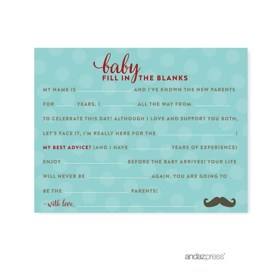 Fill-In-The-Blank Lil Man Mustache Boy Baby Shower Games, 20-Pack