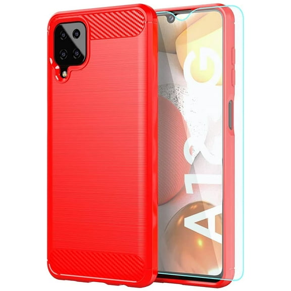 Samsung A12 Case,Galaxy A12 Case,with HD Screen Protector,Shock-Absorption Flexible TPU Bumper Cove Soft Rubber Protective Case for Samsung Galaxy A12 (Red Brushed TPU)