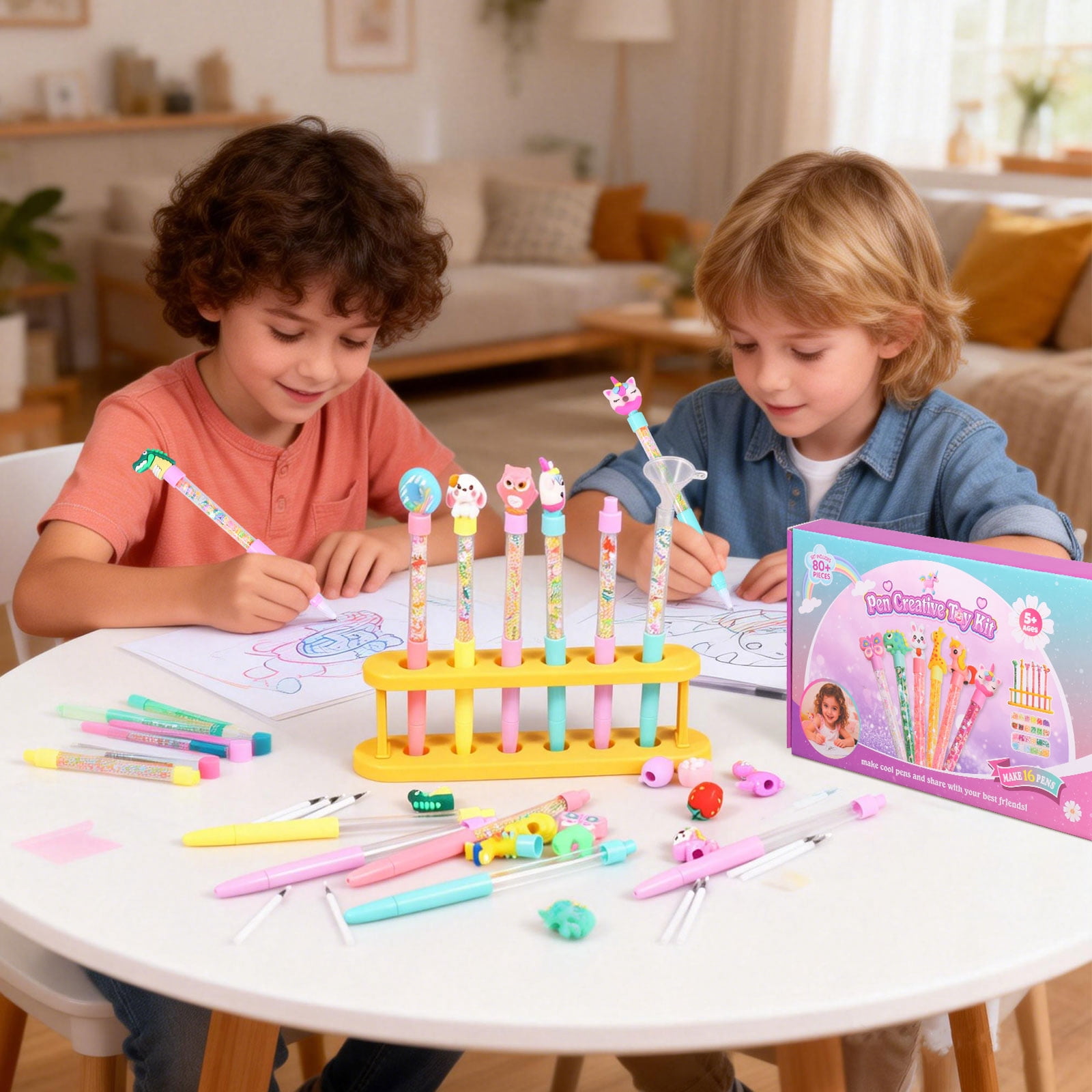DIY Glitter Gel Pen Making Kit Creative Glitter Pen Craft Kit with 20 Replacement Refill 2 Funnel 2 Spoon for 5 to 12 Years Old Girl Boy Plastic Colorful