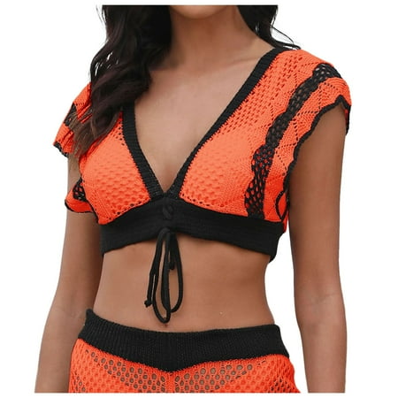 BYHONG Women s Tops Contrast Color Stitching Deep V Woven Top Bikini Top Beach Cropped Cover Up Swimsuit Coverup for Women Orange L
