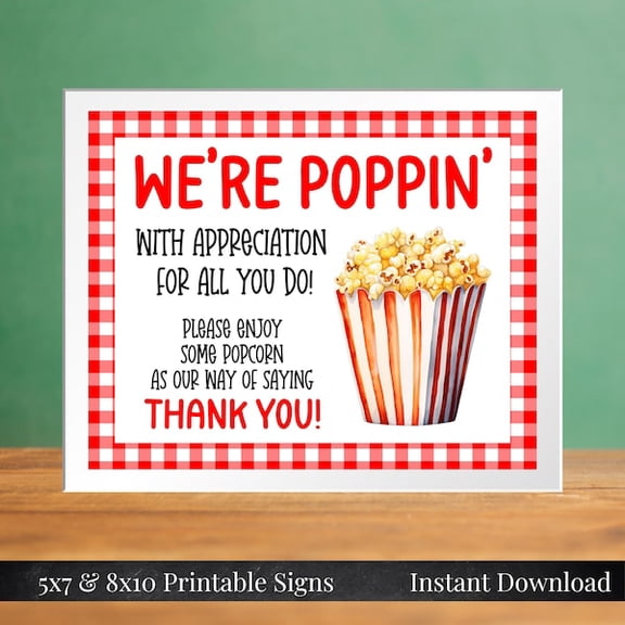 Poppin with Appreciation 5x7, 8x10 Sign, Thank You for All You Do, Red Gingham Popcorn Bar, Teachers Nurses Employees PTA PTO You Print, Unframed Paper Poster 8x10in