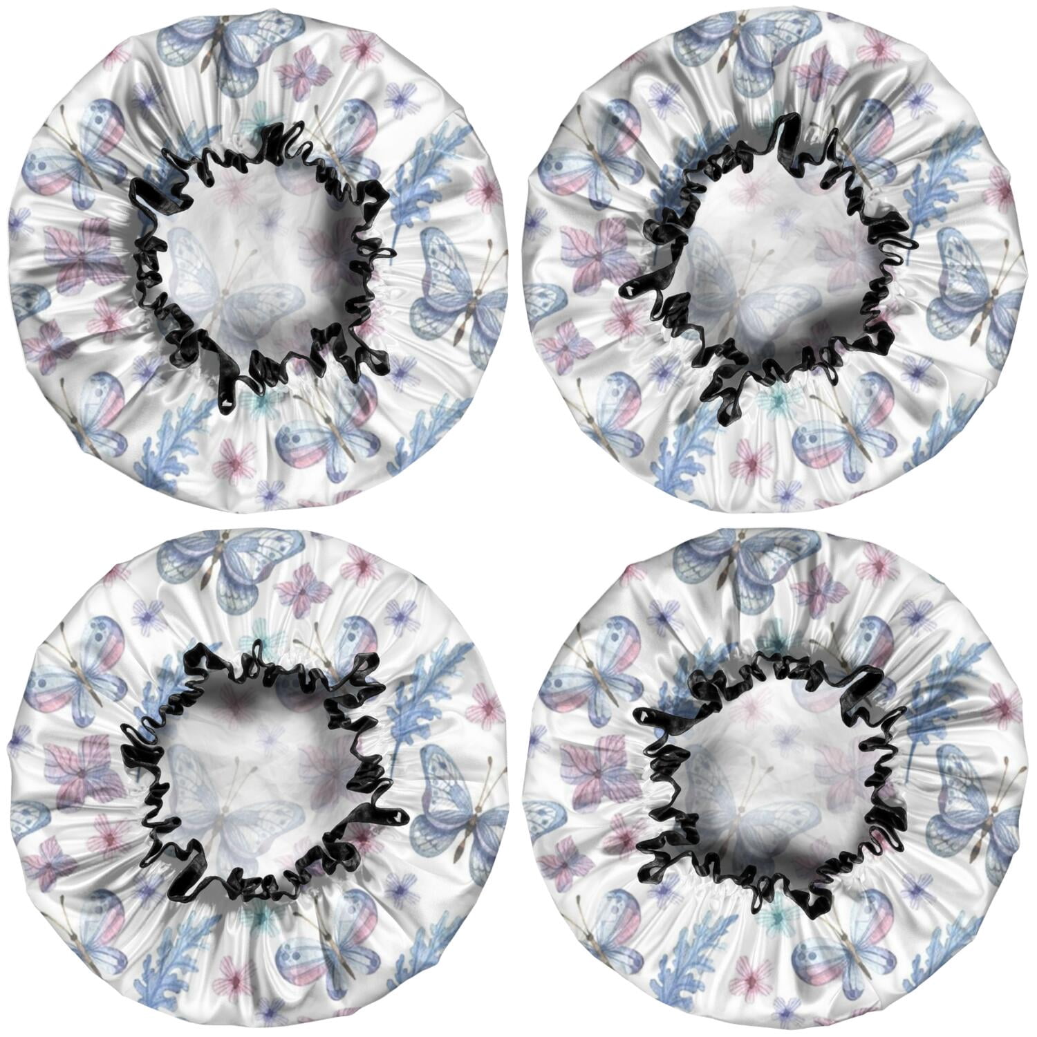 Shower Caps,Watercolor Butterfly Flower Leaf White Pattern Waterproof Shower Cap for Women 4 Pieces,Double Reusable Hair Cover for Shower PEVA Elastic Stretch Hem