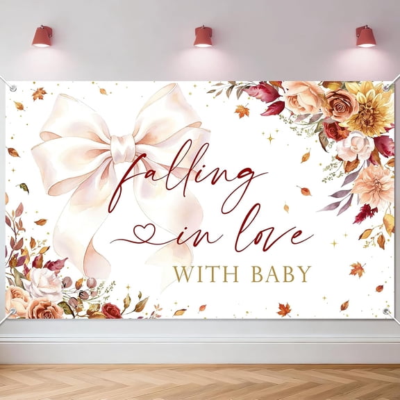 Falling in Love With Baby Backdrop Autumn Pink Bows Baby Shower Background Fall Maple Leaves Floral Baby Shower Party Decorations Banner Supplies Photo Booth Props