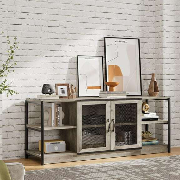 Towallmark TV Stand for TVs Up to 75 Inches TV Stand for Living Room with Media Console and Double Mesh Doors,Long Dresser Storage Cabinet for Bedroom,Gray