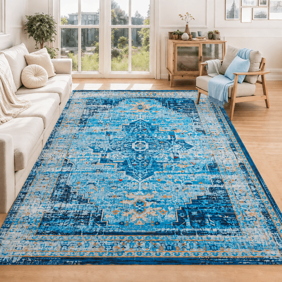 Wondiair 6'x9' Vintage Persian Area Rug for Living Room Dining Room& Bedroom – Soft Machine Washable Non-Slip Low Pile Diamond Medallion Carpet – Dusty Blue & Rose Gold