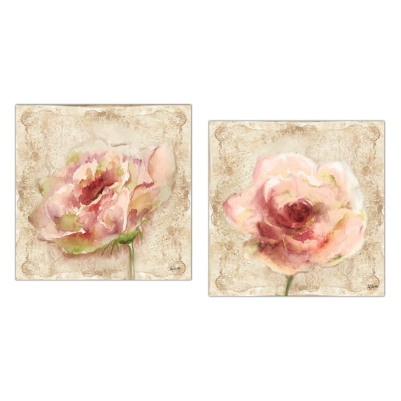 Gorgeous Pink Blush Watercolor-Style Blooming Floral Set by Tre Sorelle Studios; Two 12x12in Unframed Paper Prints