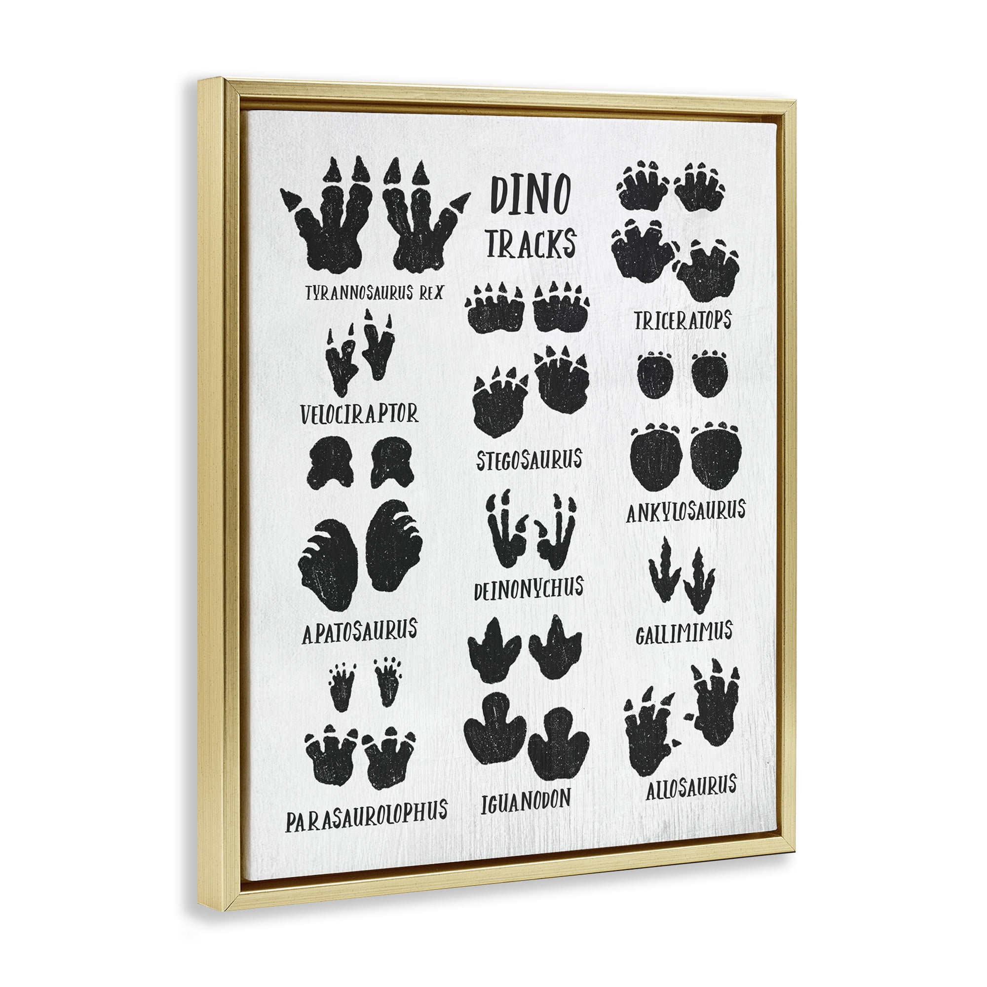 Stupell Industries Children's Rustic Dinosaur Track Chart Animals & Insects Painting Gold Floater Framed Canvas Art Print Wall Art, 17 x 21