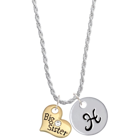 Delight Jewelry Goldtone Large Big Sister Heart with Clear Crystal - Silvertone Script Initial Disc - H - Charm Necklace, 20"+3"