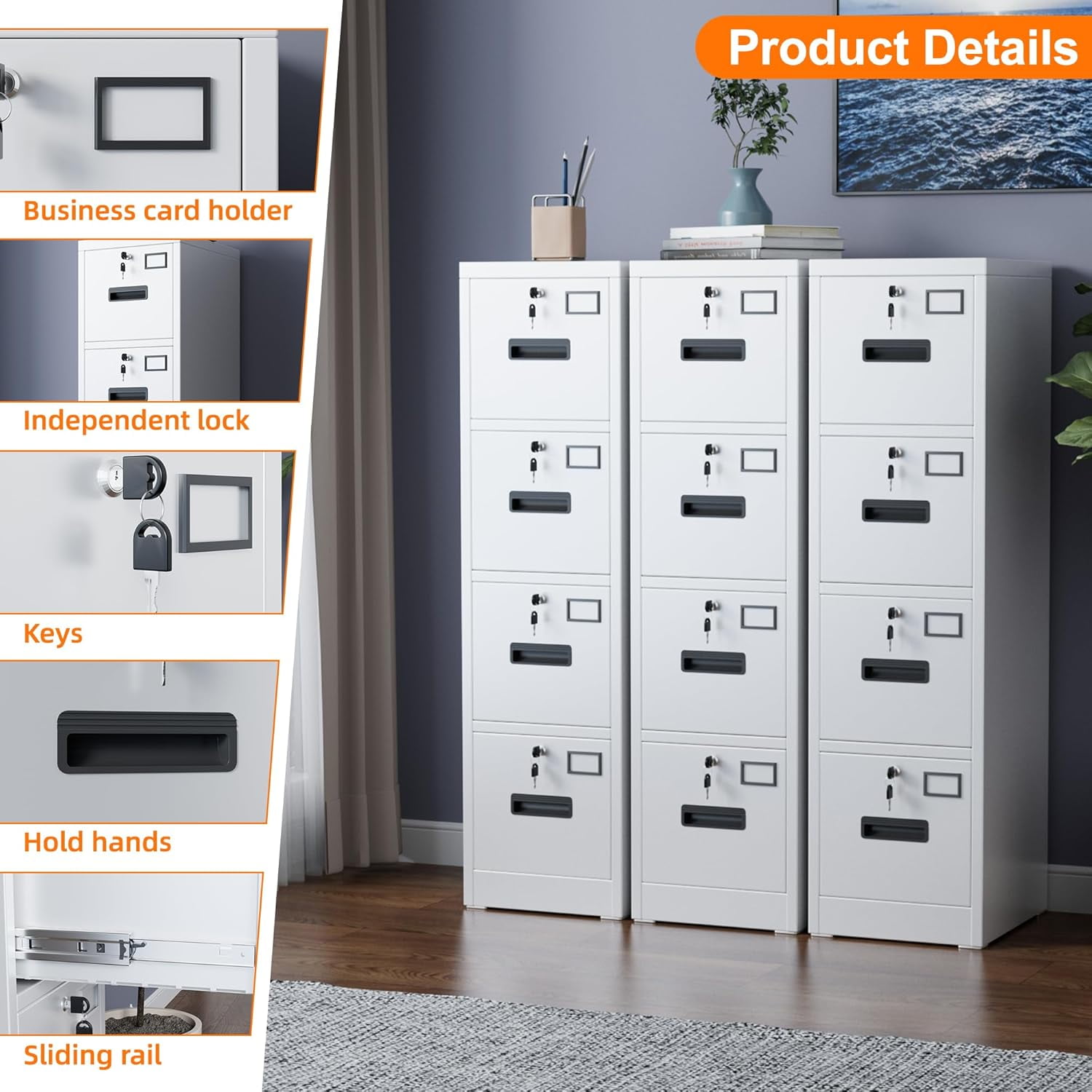 Lateral File Cabinet with Drawers, Locking Drawers and Adjustable Shelves Metal Storage Cabinet for Home Office Garage School, Fit for A4 Letter Legal File, Assemble Required